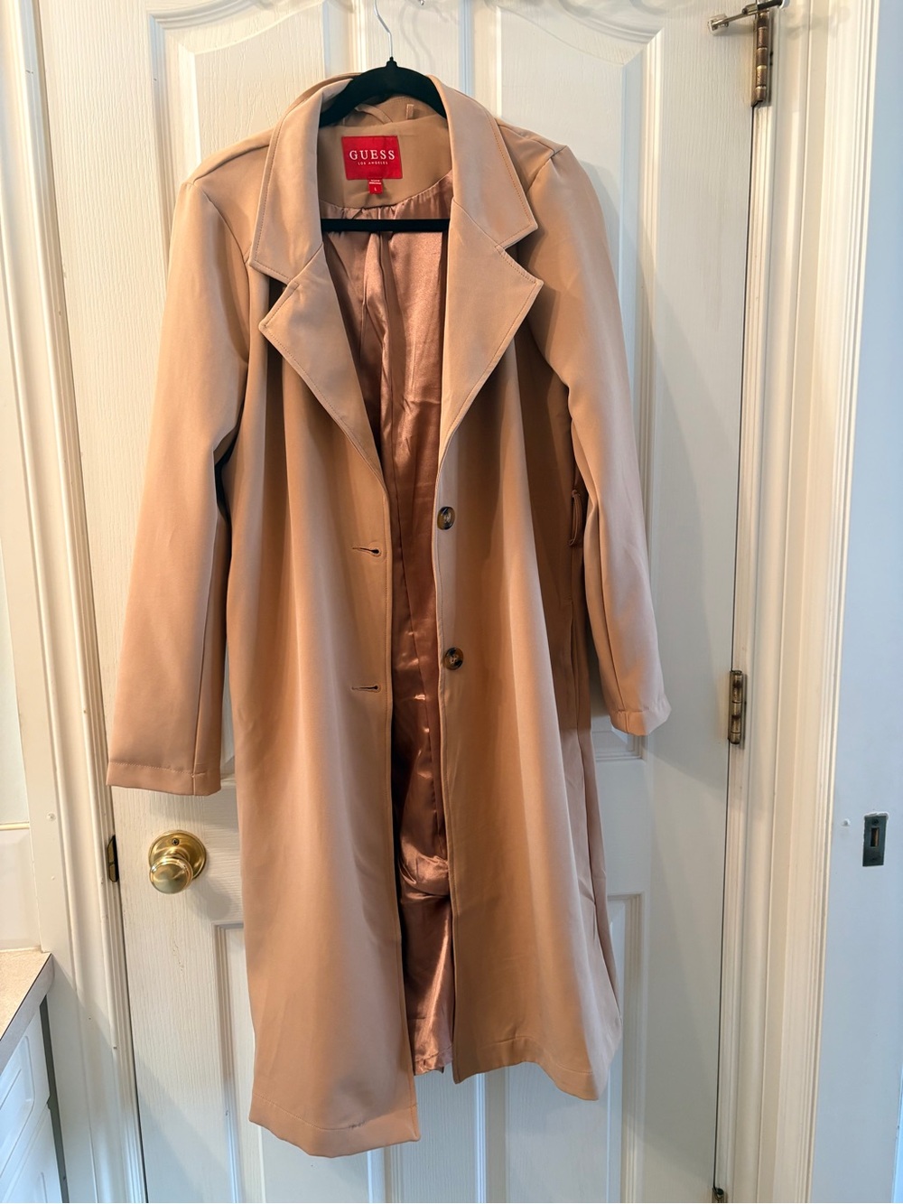 GUESS Beige Long Trench Coat with Satin Lining